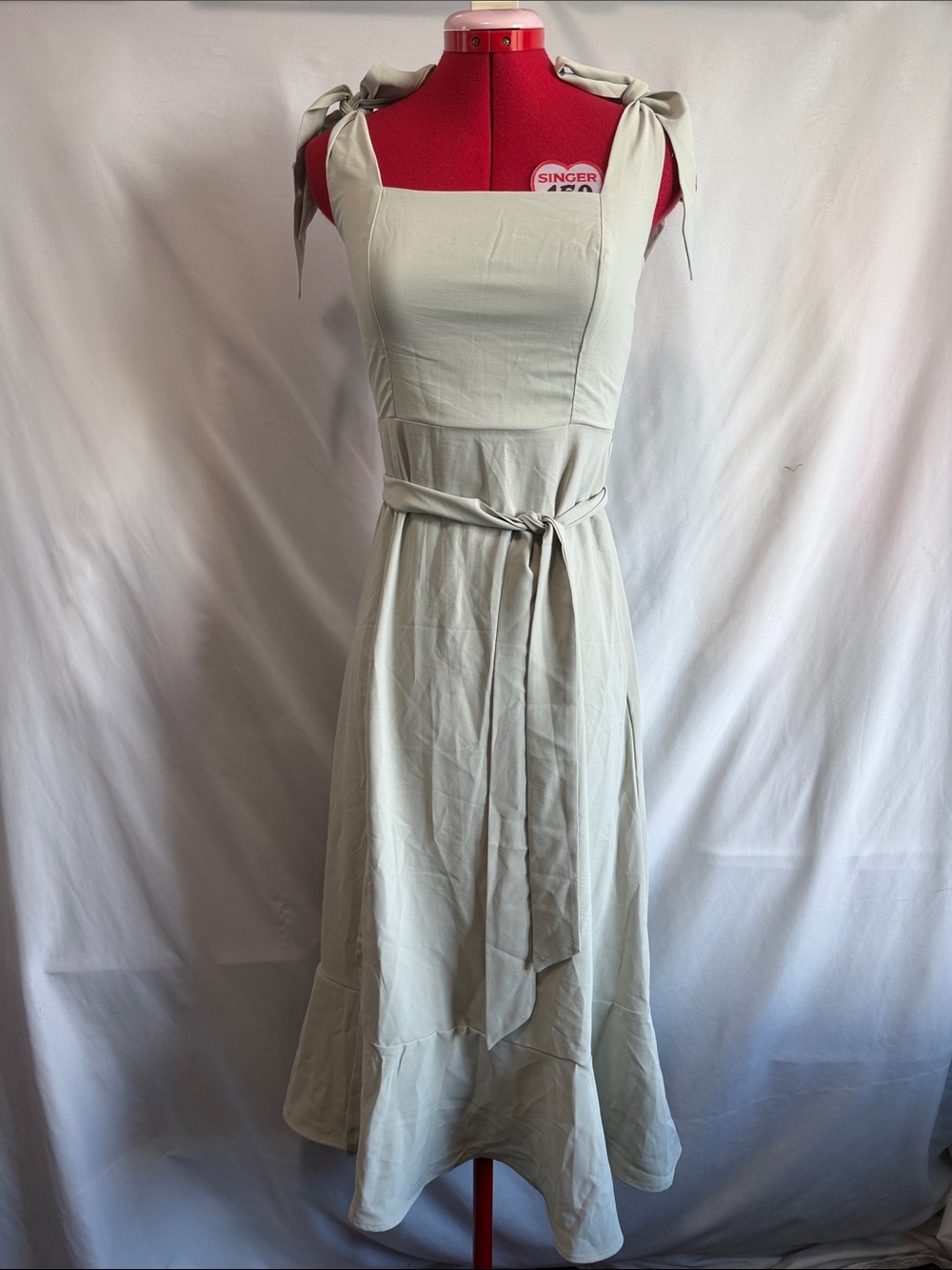 Square Neck Tie-Shoulder Midi Dress in Sage